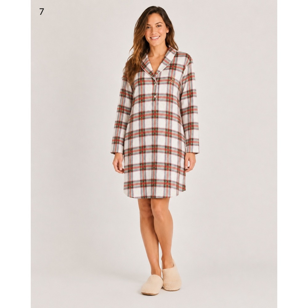 Lauren Ralph Lauren Fleece Nightgown Womens XL White Red Plaid Polyester Pockets